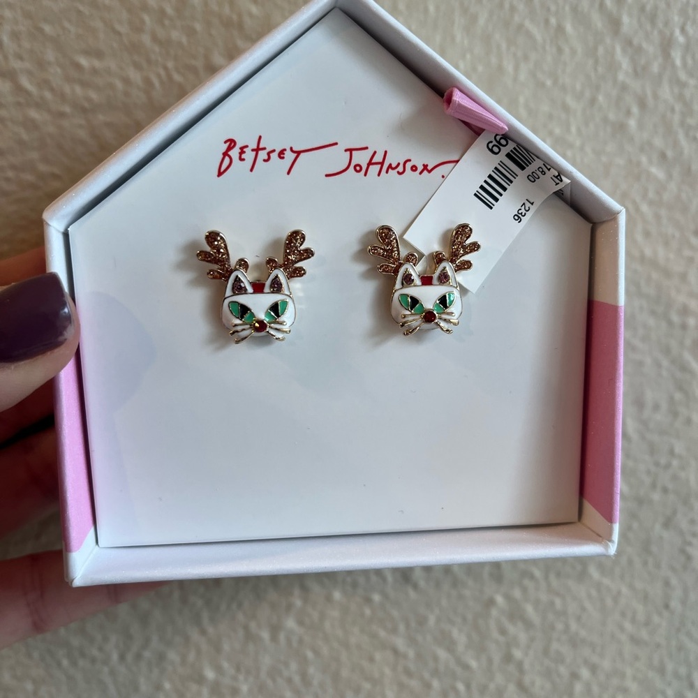 Betsey Johnson Christmas White Cat Earrings with Gold Antlers